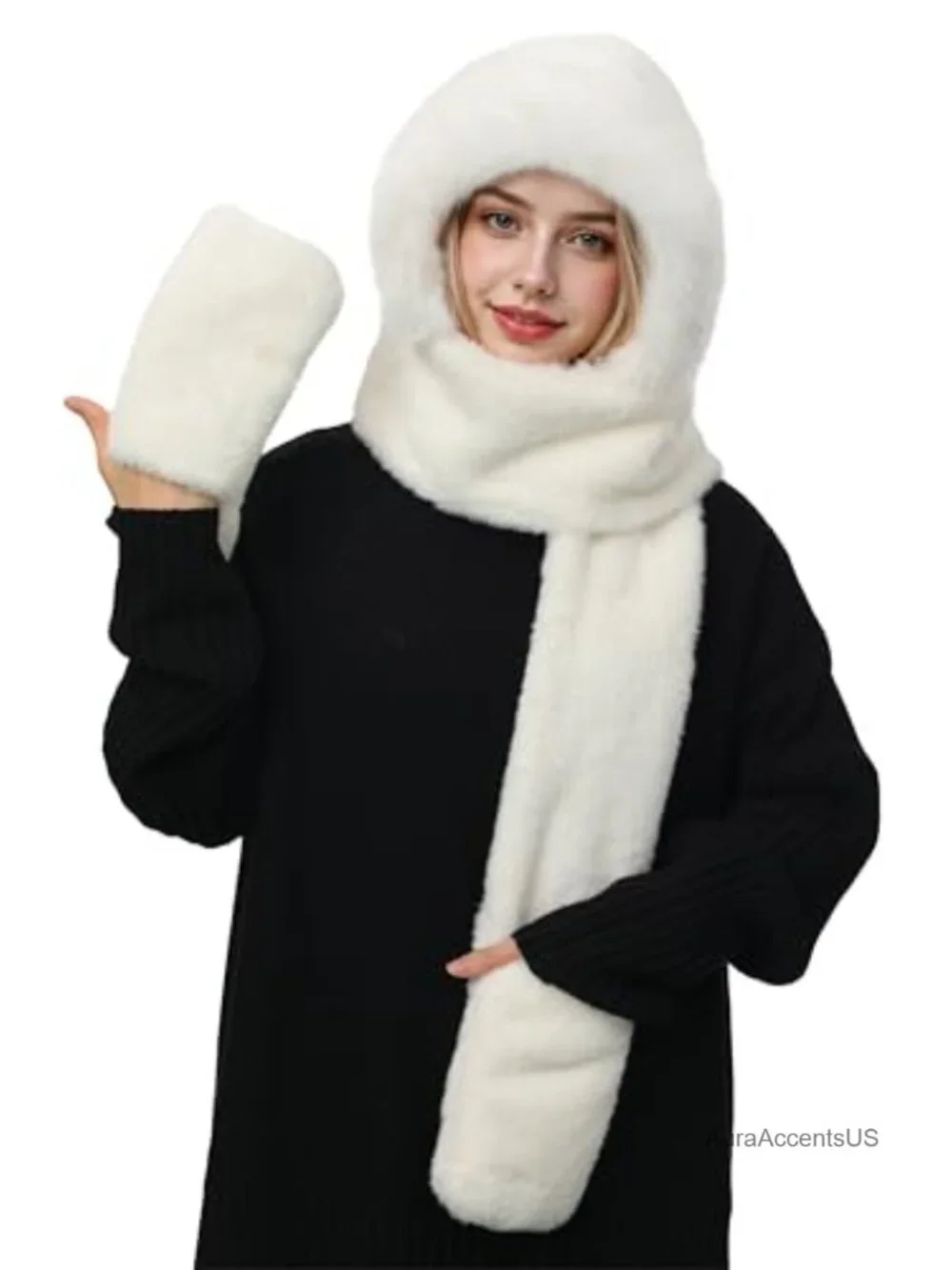 3 in 1 Winter Hooded Scarf Set with Faux Fur Trim Hat and Gloves